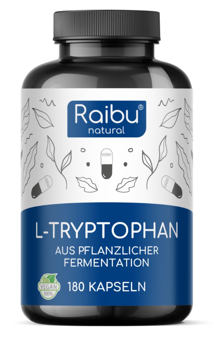 Schwarze Flasche mit Kapseln. Aufschrift: Raibu natural, L-Tryptophan, 180 Kapseln, vegan.