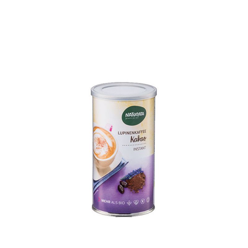 Zylindrische Dose mit "Naturata Lupinenkaffee Kakao". Abbildung von Kaffee und Kakaopulver. Deckel und Dose silbern.