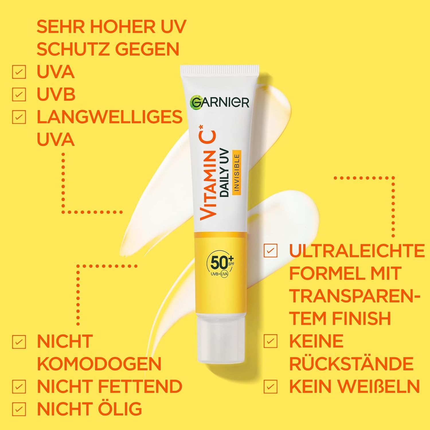 Tube Garnier Vitamin C Daily UV Invisible auf gelbem Hintergrund. Text: Vitamin C, Daily UV, 50+, ultraleichte Formel, nicht komedogen.