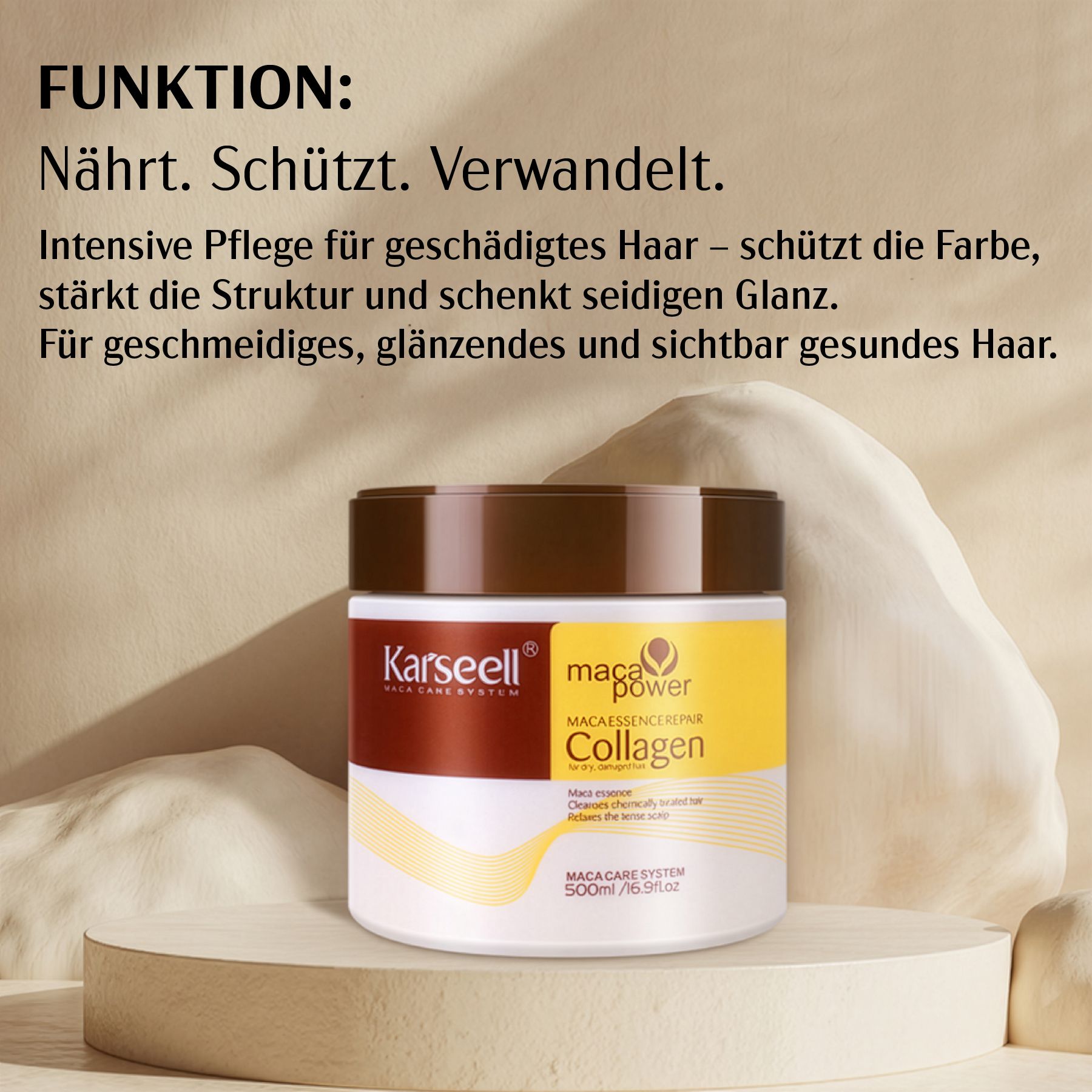 Weißes Tiegel mit braunem Deckel. Aufschrift: Karseell, Maca Power Collagen. Text: Nährt, schützt, verwandelt.