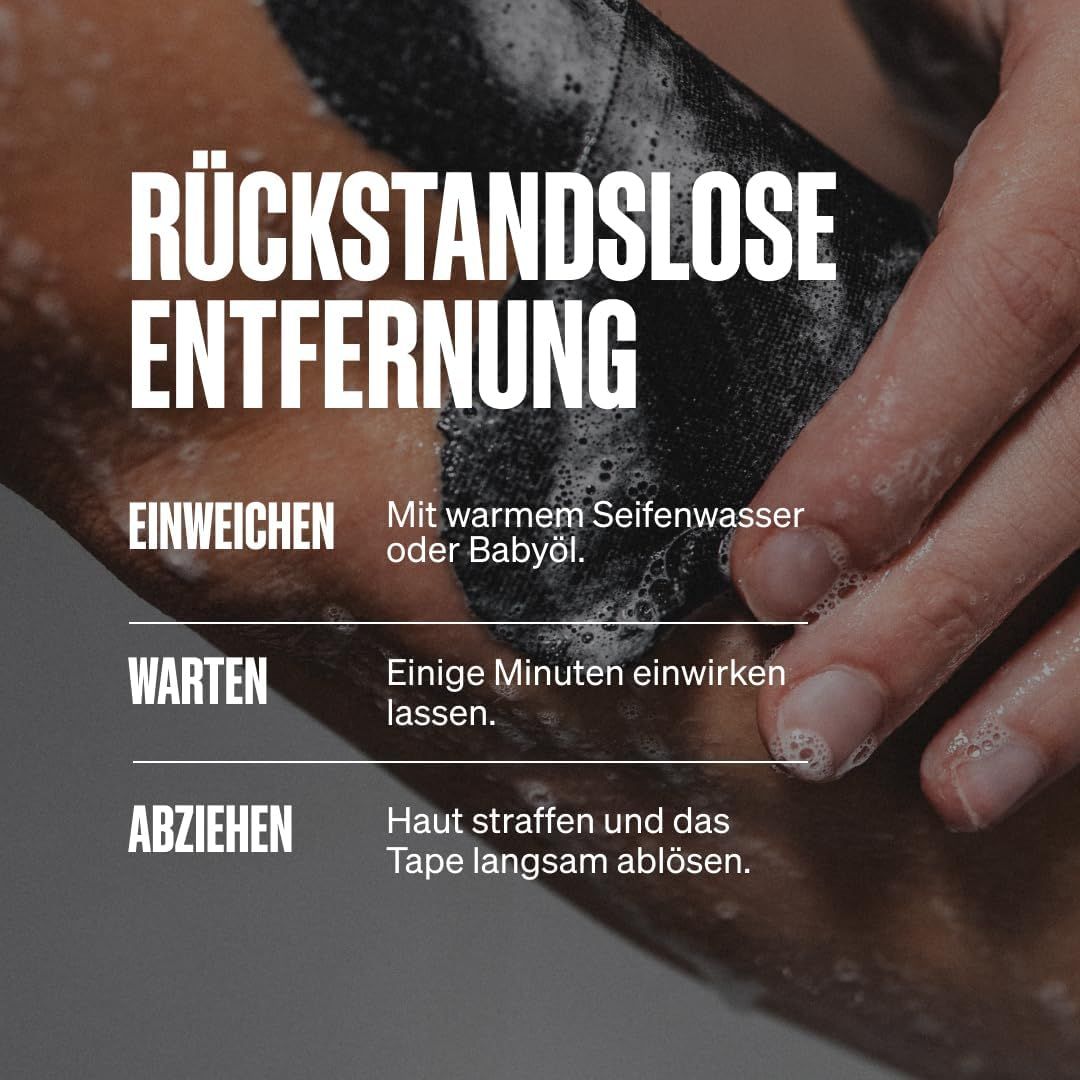 Entfernung von Kinesiologie-Tape mit warmem Wasser und Seife/Babyöl.