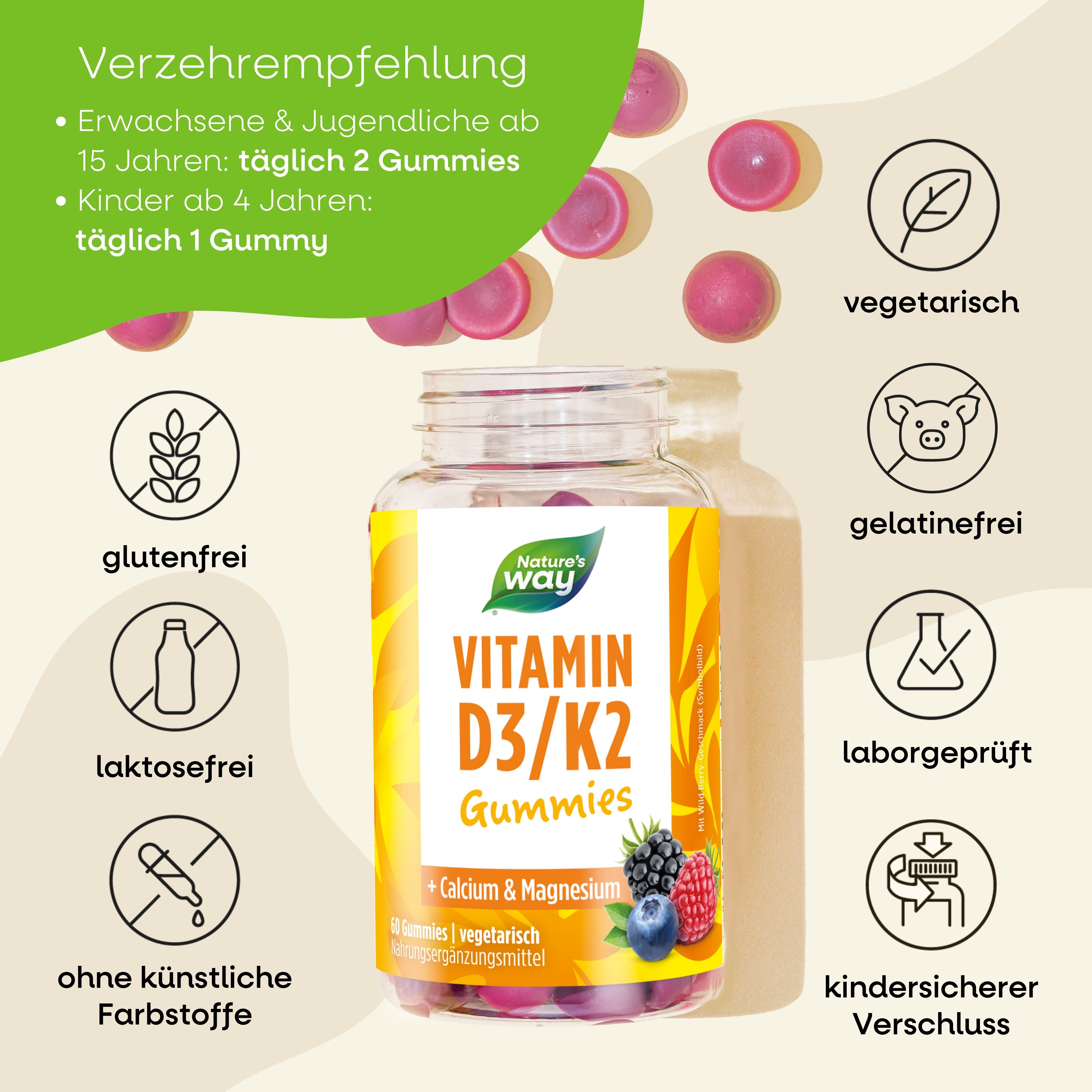 Vitamin D3 K2 Gummies mit Magnesium und Calcium Wildberry Geschmack