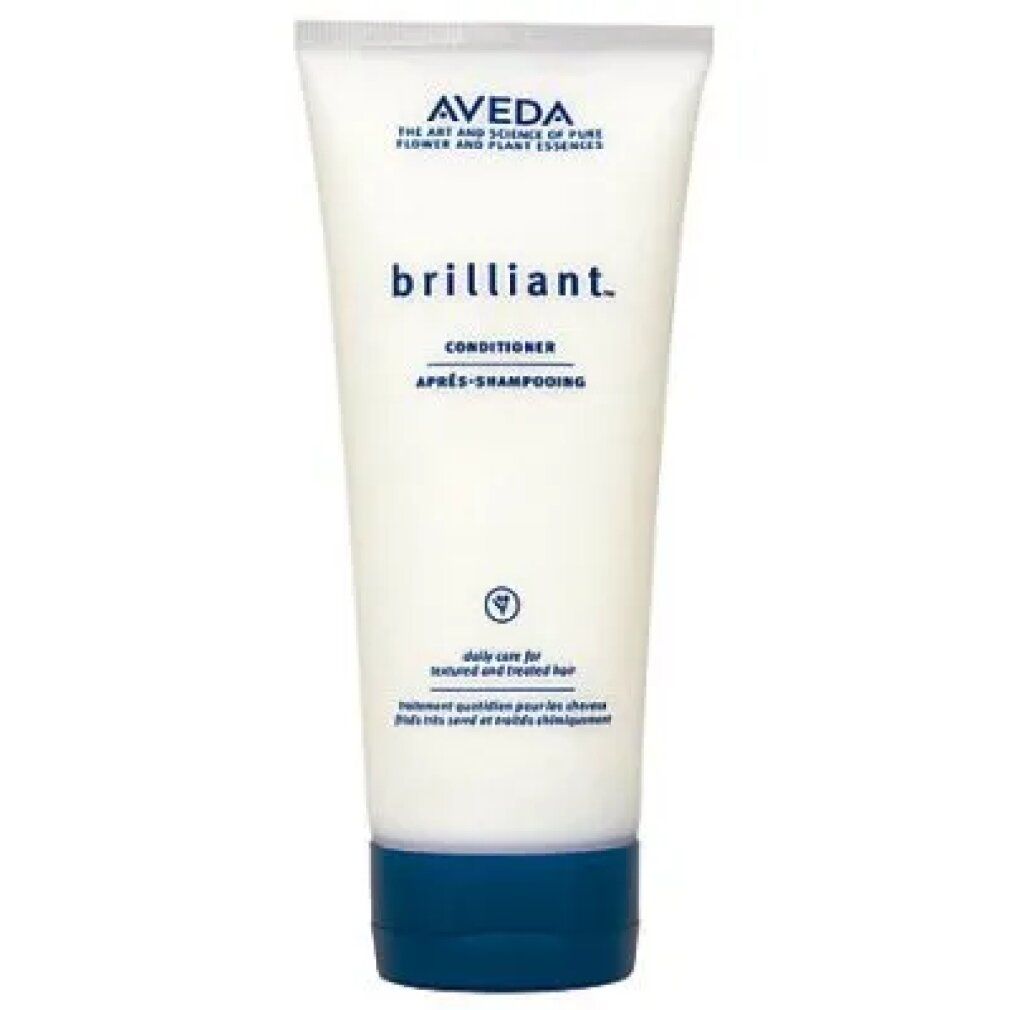 Aveda Balsamo Brillante Conditioner-Tube. Weißes Tube mit blauem Deckel. Aufschrift: Aveda, brilliant., Conditioner, daily care for...