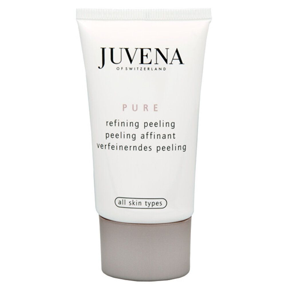 Weiße Tube mit grauem Verschluss. Aufschrift: Juvena, Pure, Refining Peeling, All Skin Types.