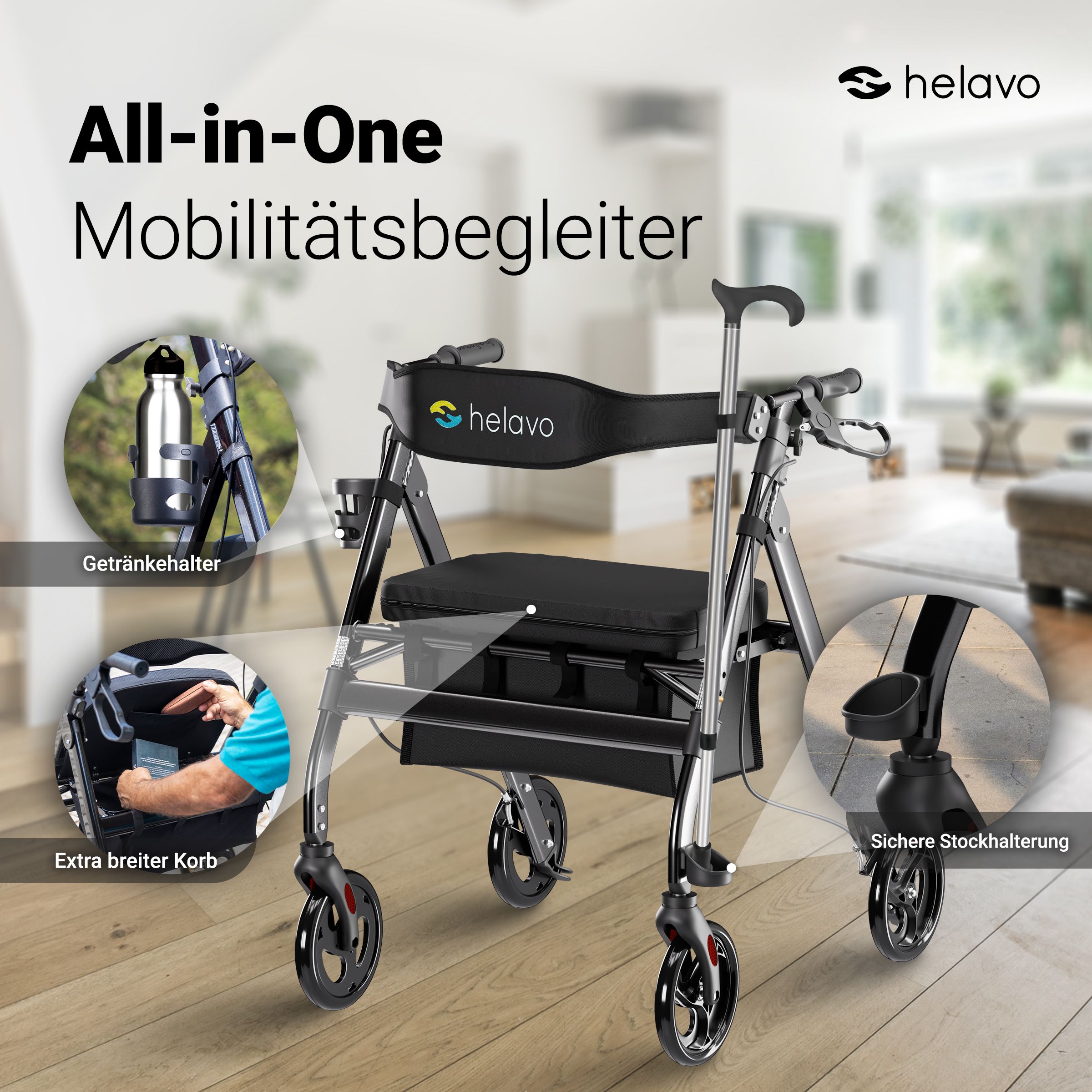 Helavo Rollator extra breit, faltbarer, mit höhenverstellbarem Sitz, bis 226 kg
