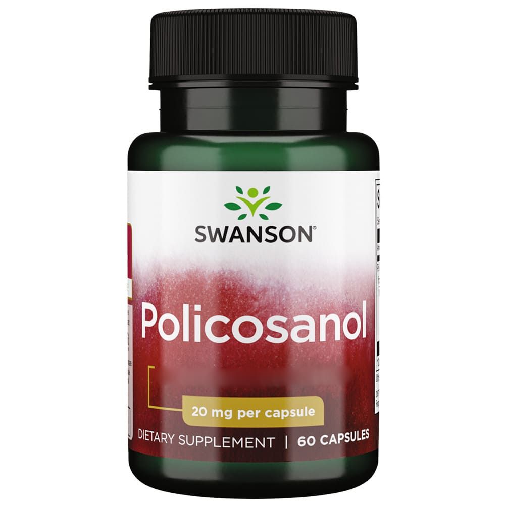 Grüne Flasche mit schwarzem Deckel. Aufschrift: SWANSON Policosanol 20 mg. 60 Kapseln. Nahrungsergänzungsmittel.