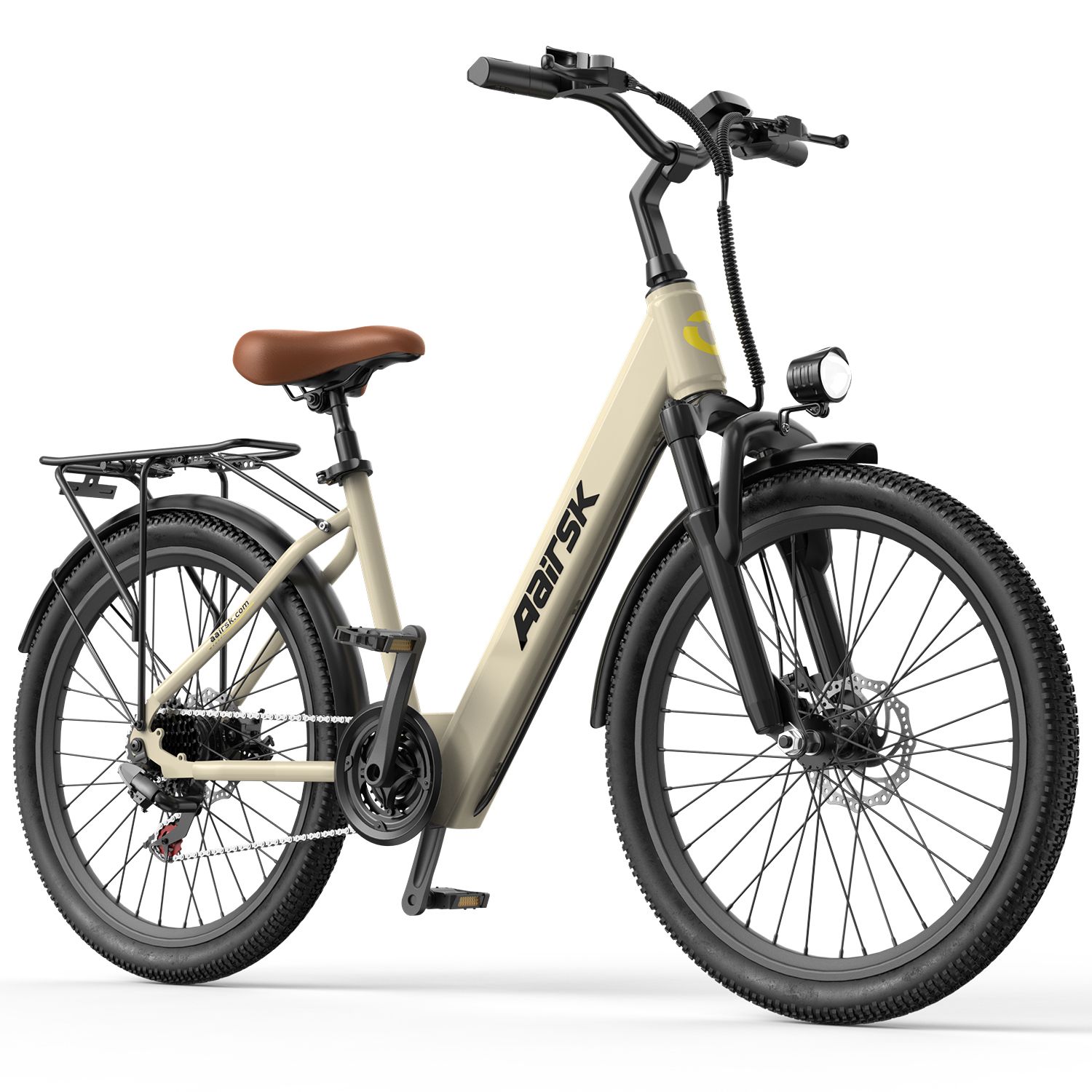 Beige Elektrofahrrad mit schwarzem Rahmen, braunem Sattel und Gepäckträger. Marke Aairsk.