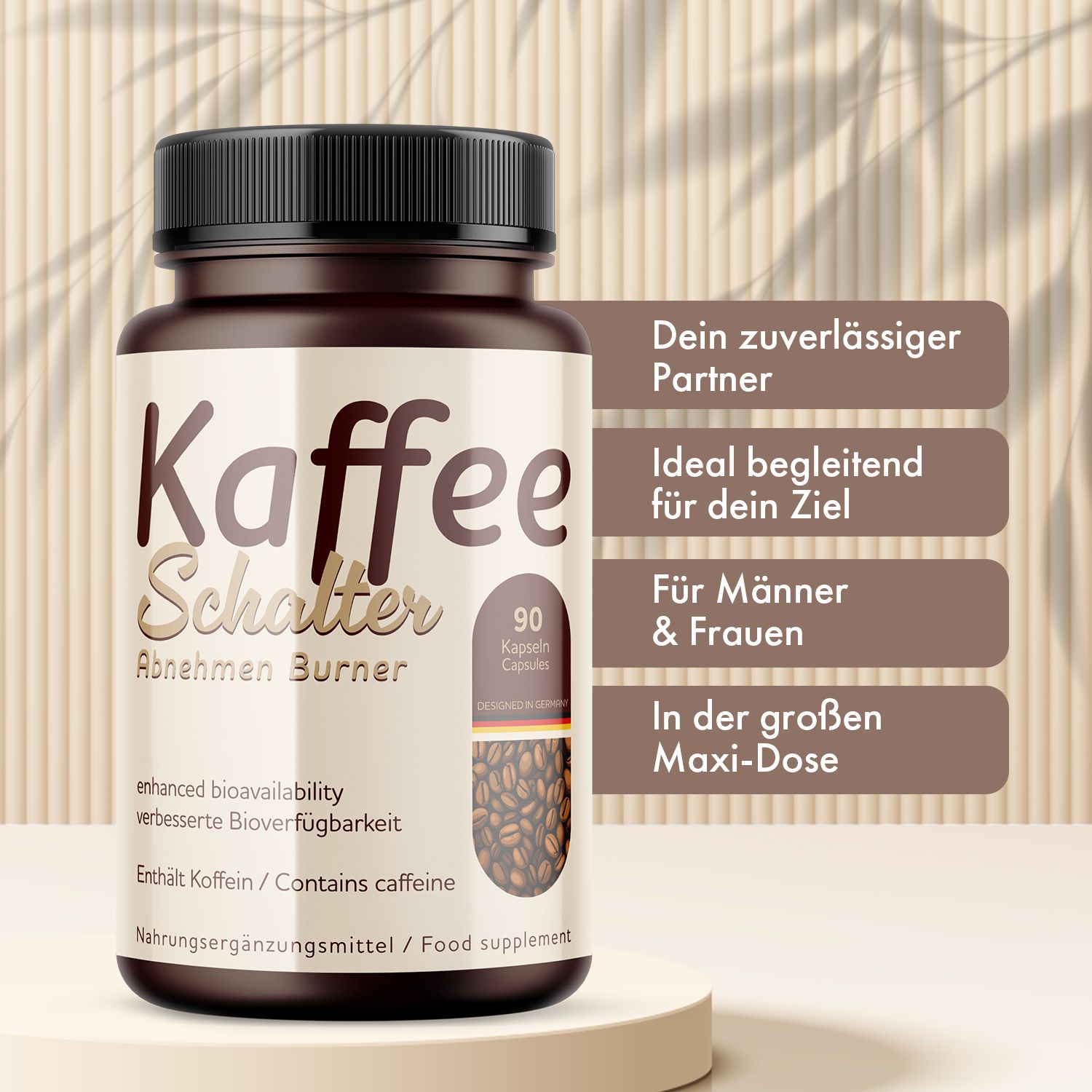 Braune Kapsel-Dose. Aufschrift: Kaffee Schalter Abnehmen Burner. Enthält 90 Kapseln. Mit Kaffeebohnen-Abbildung. Text: Dein zuverlässiger Partner.