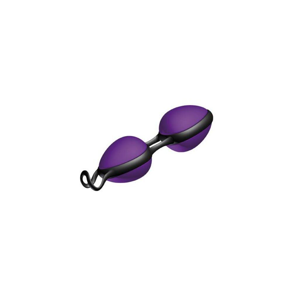Violett-schwarze JOYBALLS secret. Zwei ovale Kugeln, verbunden durch einen schwarzen Steg. Schwarze Schlaufe.