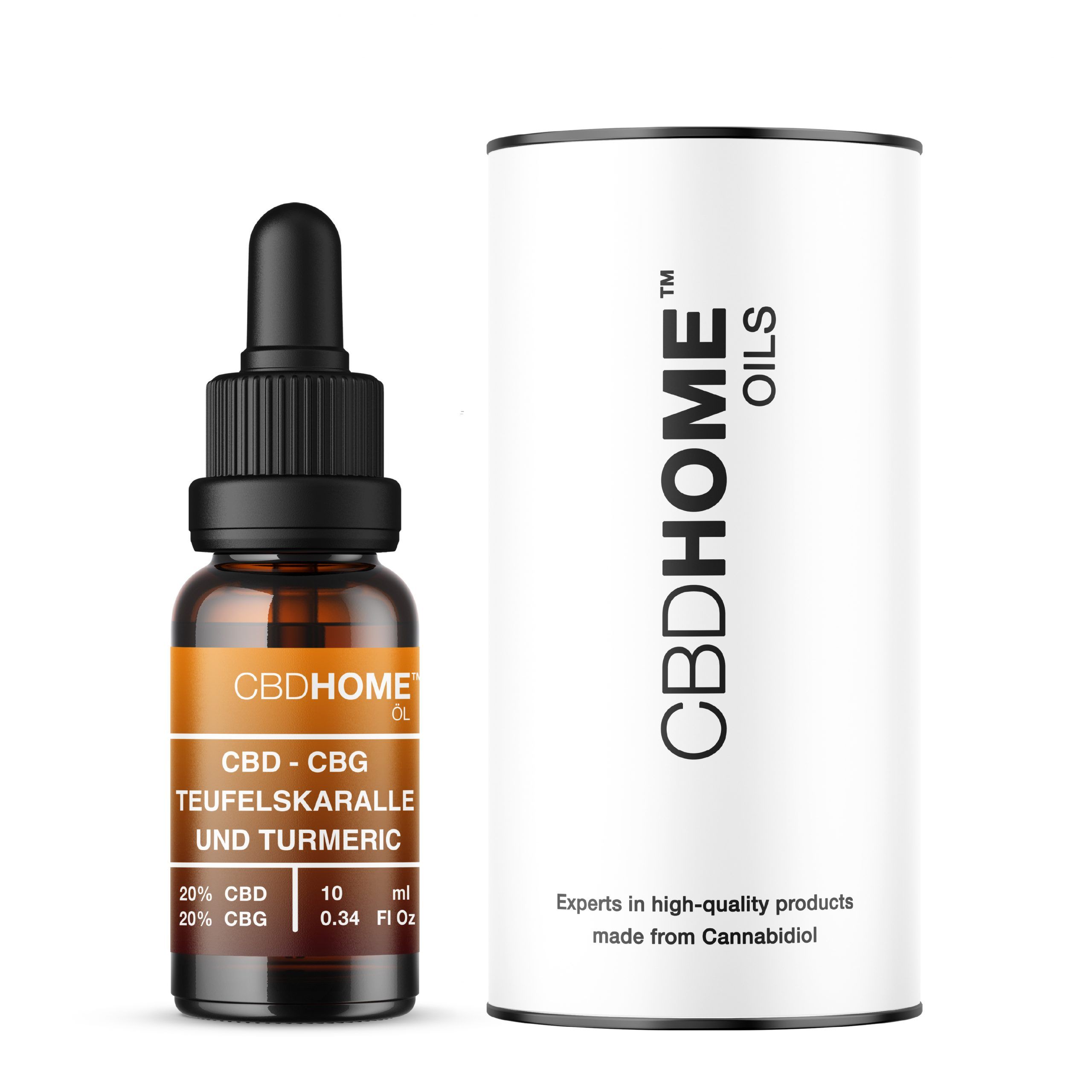CBDHOME Ölflasche mit Pipette und runder Verpackung. Enthält 20% CBD, 20% CBG.