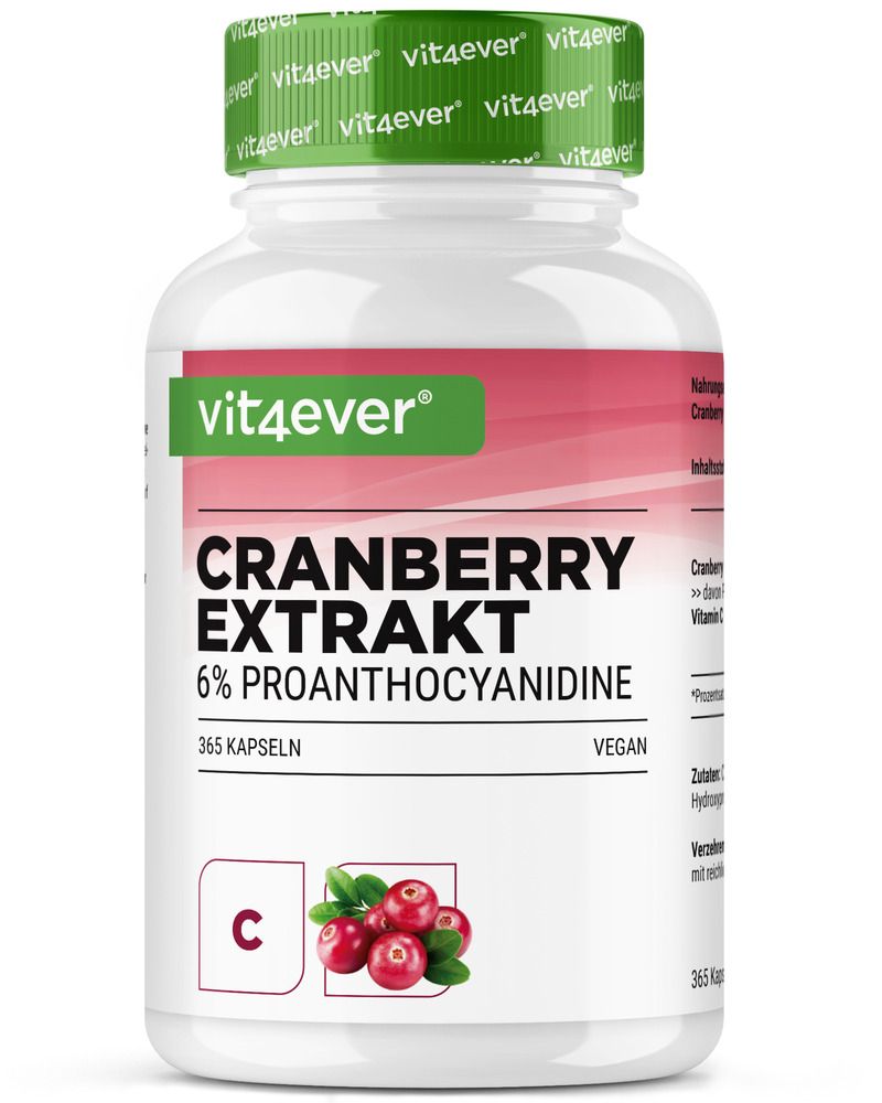 Weißes Pillenbehälter mit roter Aufschrift. Enthält Cranberry-Extrakt und Vitamin C. Aufschrift: Cranberry Extrakt, 365 Kapseln. Vegan.
