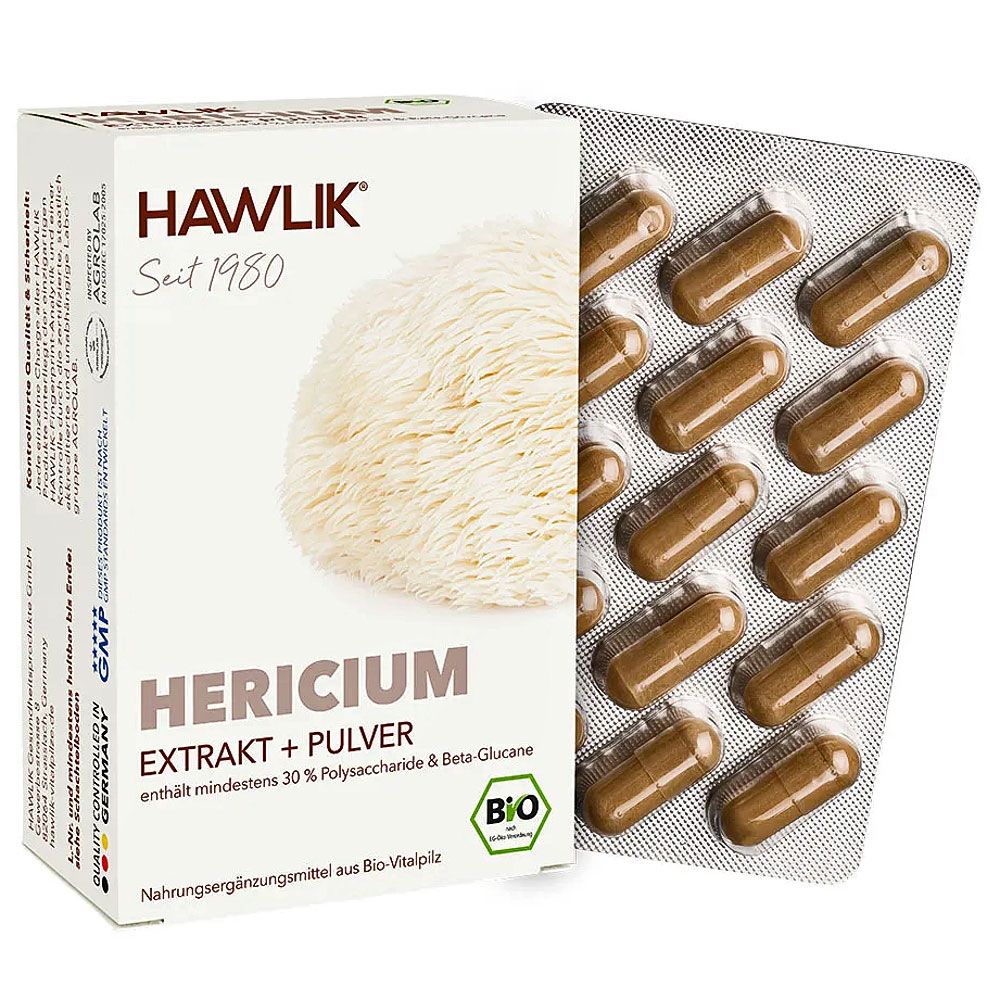 Verpackung mit Kapseln. Aufschrift: HAWLIK, HERICIUM EXTRAKT + PULVER, BIO-Siegel. Kapseln in Blisterpackung.