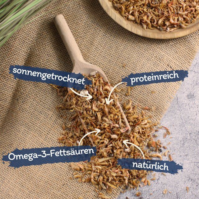 Getrocknete Shrimps auf einem Holzlöffel. Beschriftungen: sonnengetrocknet, proteinreich, Omega-3-Fettsäuren, natürlich.
