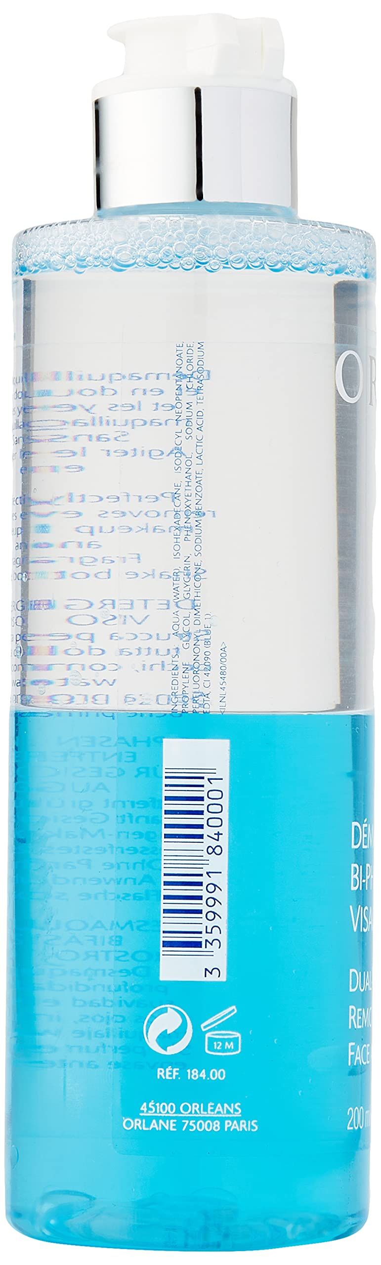 ORLANE Biphase Make-up-Entferner, Flasche mit blauem und klarem Inhalt. Produktinformationen und Barcode sichtbar.
