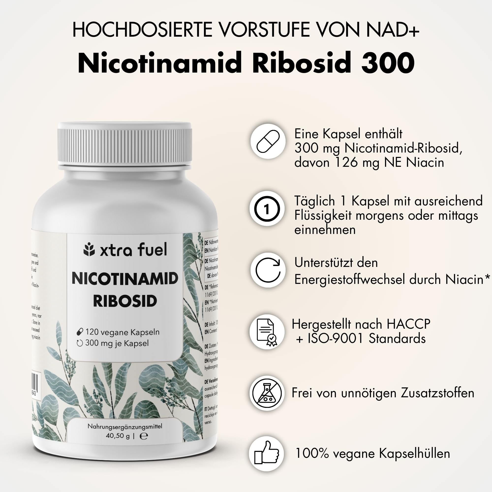 Weiße Flasche mit Text und Illustrationen. Text: Nicotinamid Ribosid 300, 120 vegane Kapseln, 300 mg je Kapsel. Informationen.