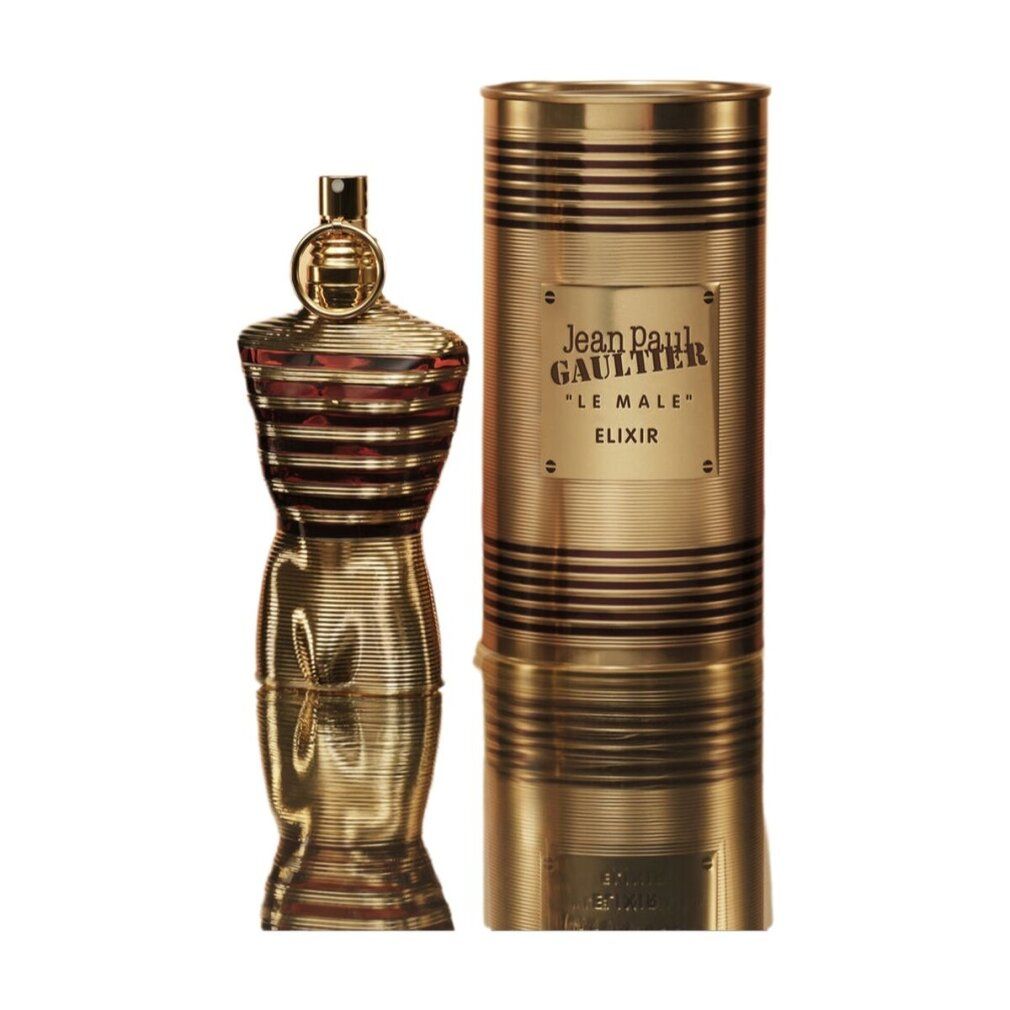 Goldfarbener Flakon in Torsoform und zylindrische Dose. Auf der Dose steht "Jean Paul Gaultier" und "Le Male Elixir".