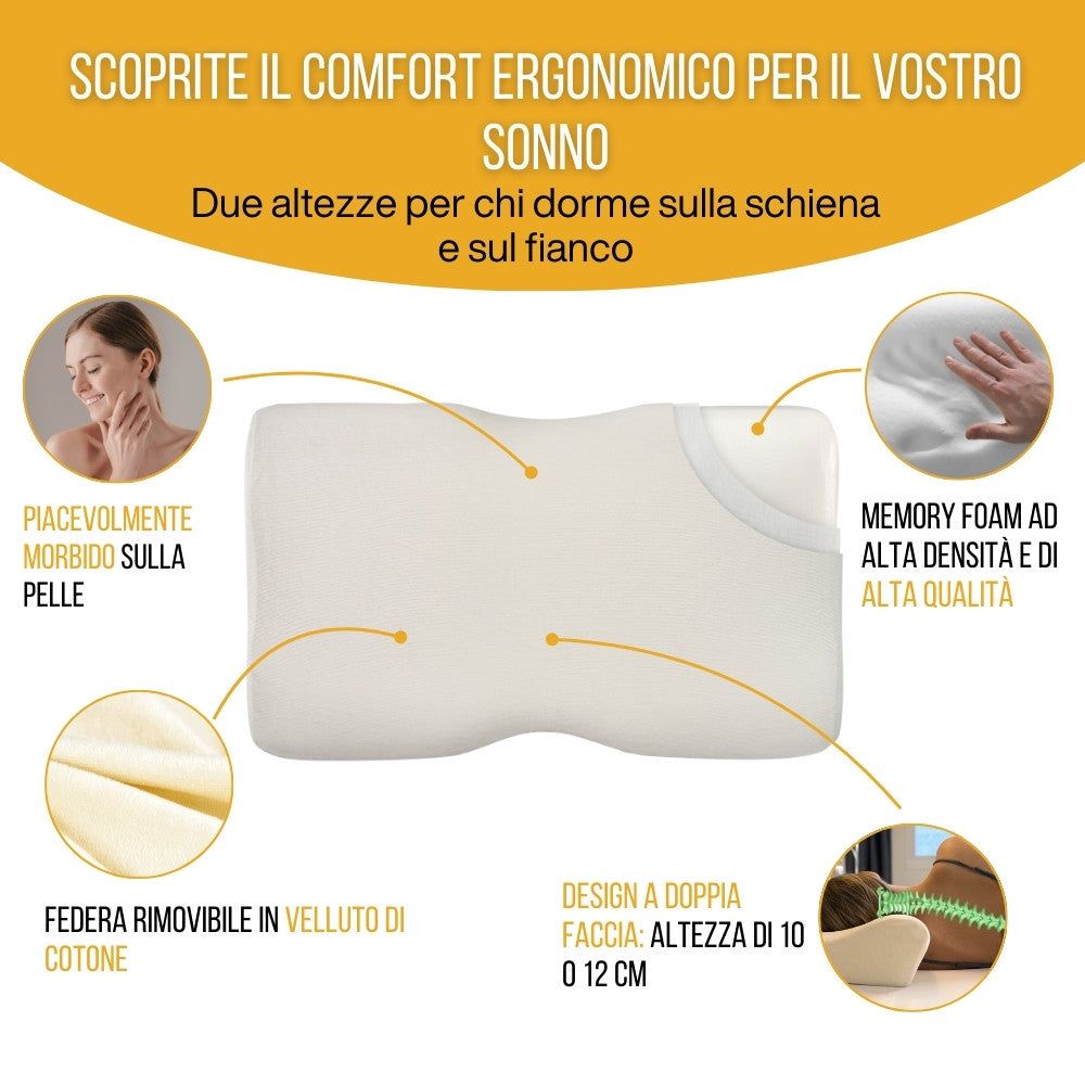 Immagine pubblicitaria: donna che dorme sulla schiena con cuscino. Testo.
