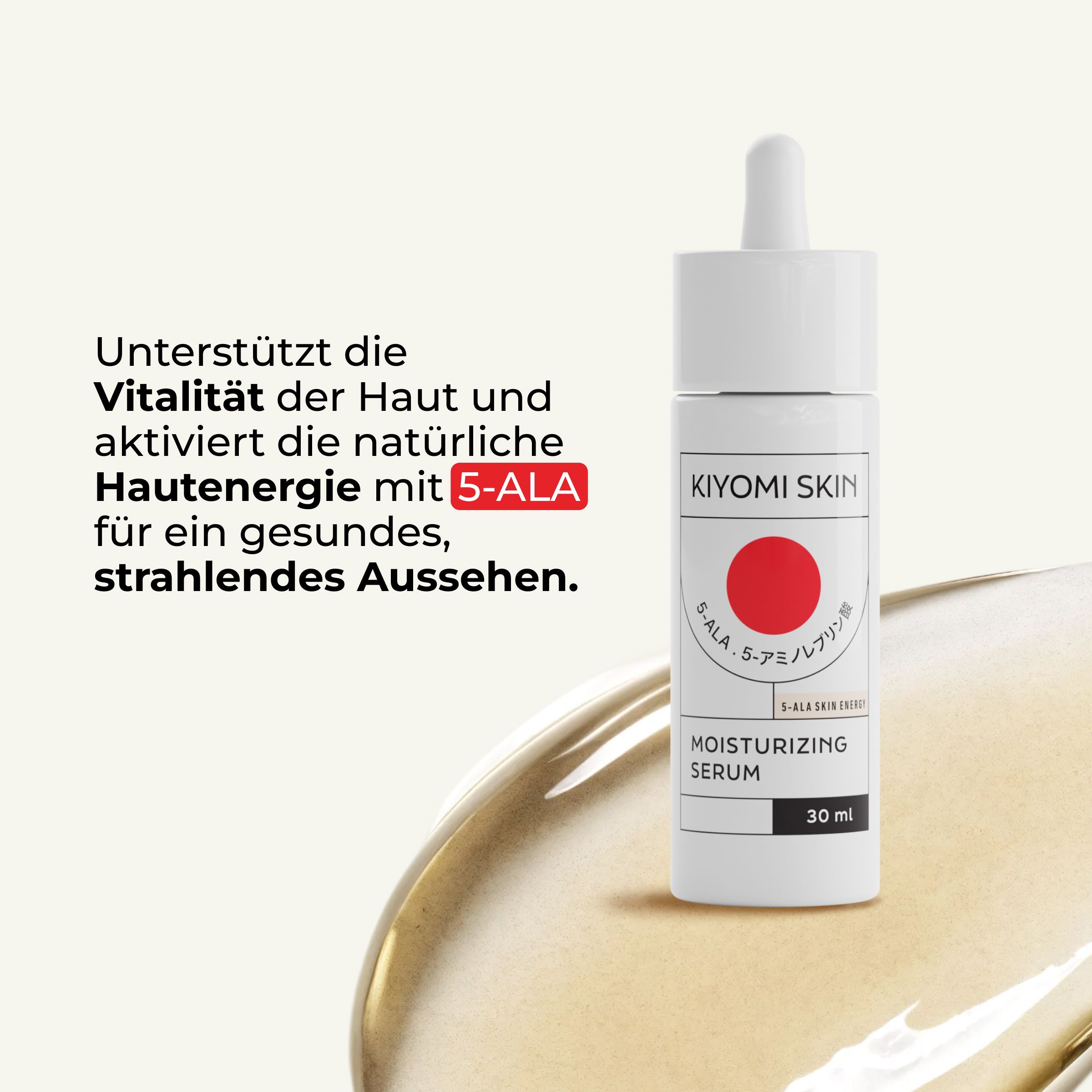 Serumflasche mit Text. Weiß, roter Kreis. Moisturizing Serum. 30 ml.