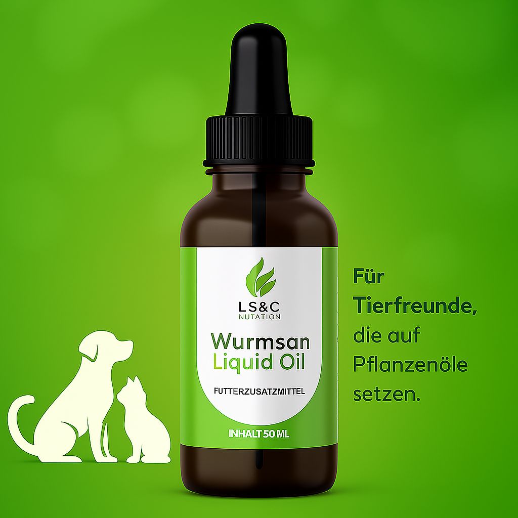 Braune Glasflasche mit Tropfer, Etikett mit LS&C Nutrition, Wurmsan Liquid Oil. Silhouette von Hund und Katze auf grünem Hintergrund.