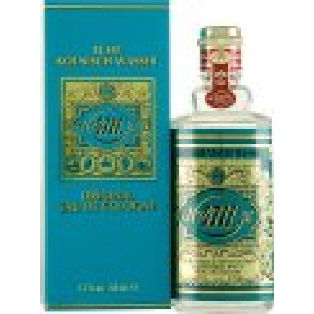Eau de Cologne-Flakon und Schachtel. Flakon mit goldfarbenem Etikett, blaue Schachtel mit goldfarbenem Aufdruck. Text: 4711, Eau de Cologne.