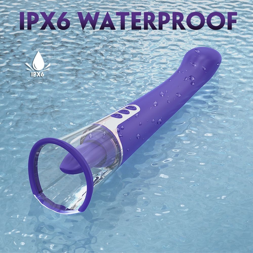 Lila Vibrator im Wasser. Text: IPX6 WATERPROOF. Wasserdicht.