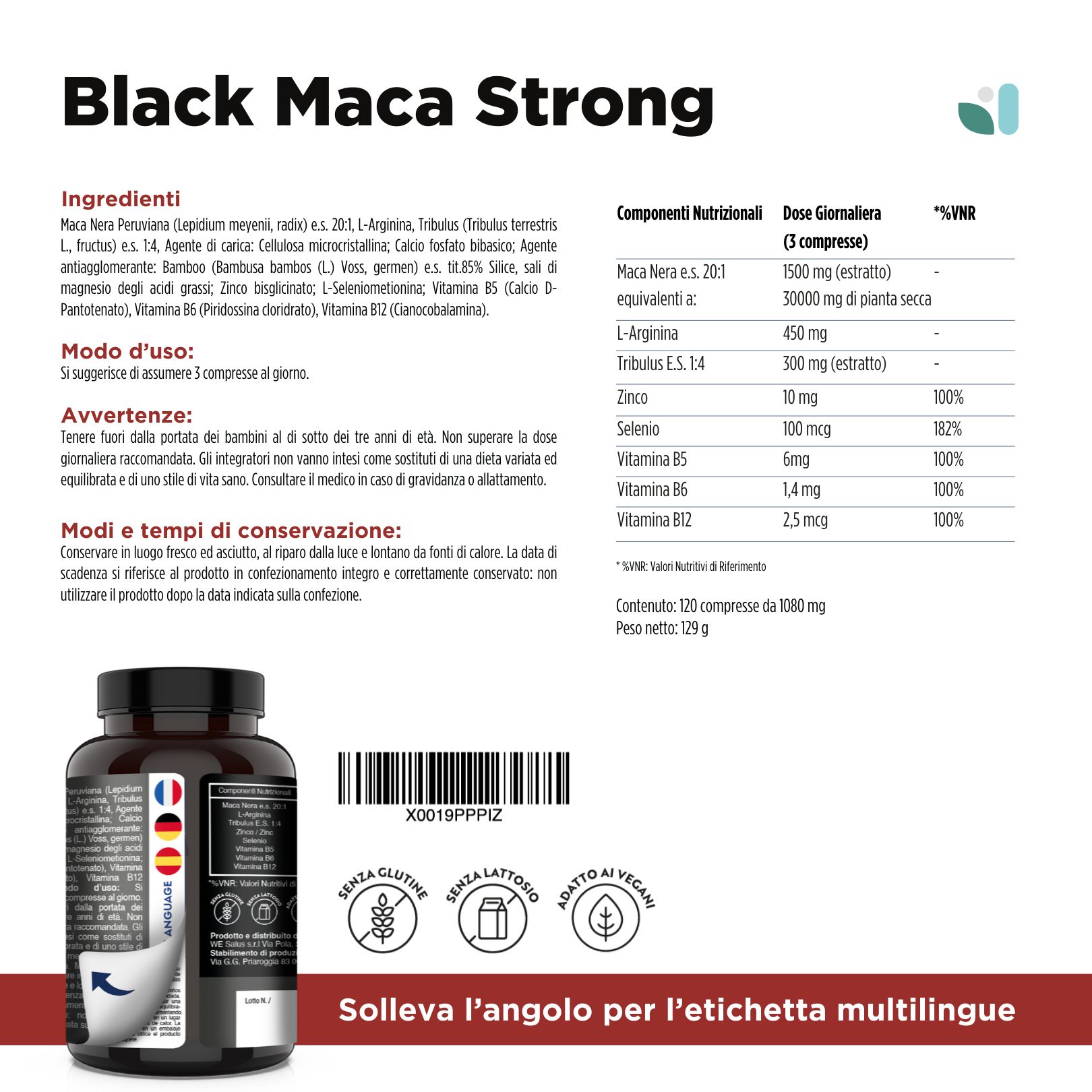 Flasche und Verpackung von Black Maca Strong mit detaillierten Inhaltsstoff- und Nährwertangaben.