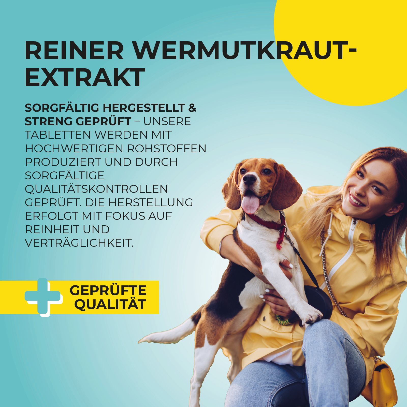 Frau hält Hund. Text: Reiner Wermutkraut-Extrakt, geprüfte Qualität. Gelber Hintergrund mit blauem Plus-Zeichen.