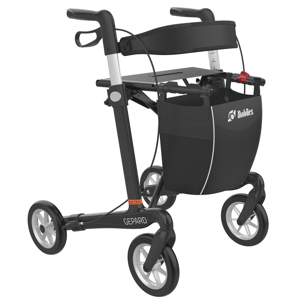 Schwarzer Rollator mit vier Rädern. Gepäcktasche und Sitzfläche. Marke Mobilex. Aufschrift Gepard.