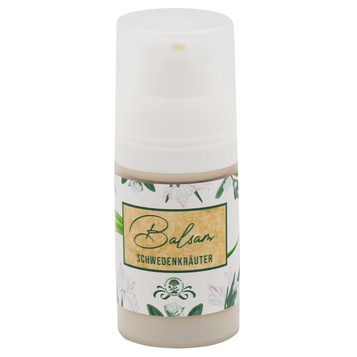 Behälter mit Balsam-Etikett. Aufschrift: Balsam Schwedenkräuter. Weißer Deckel, cremefarbener Inhalt. Floral-Design auf dem Etikett.