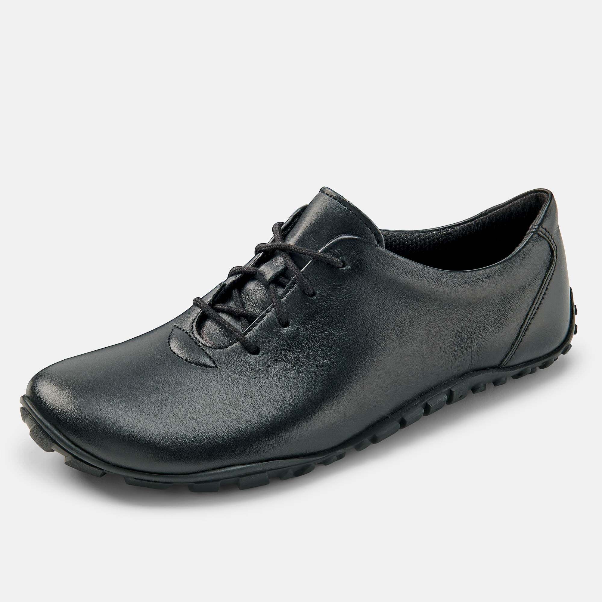 Schwarze Leder-Schnürstiefeletten für Damen mit seitlichem Reißverschluss.