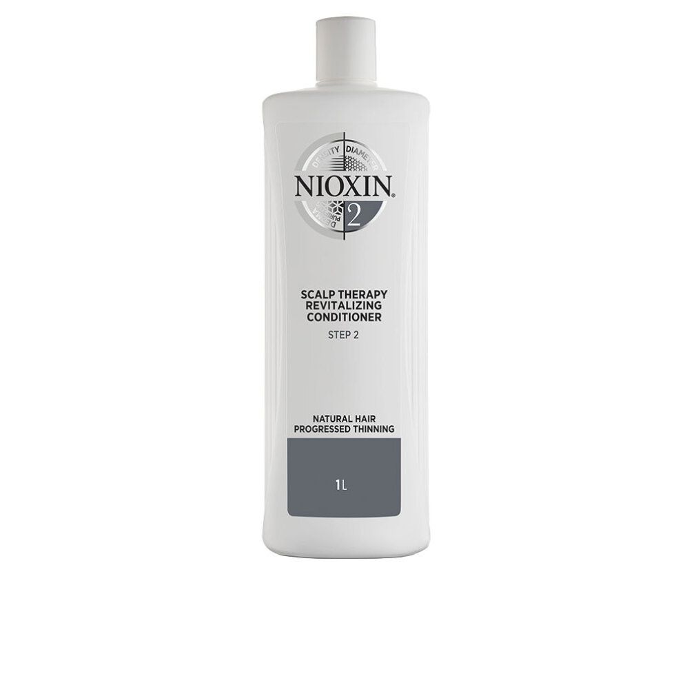 Weiße Flasche Nioxin 2. Aufschrift: Scalp Therapy Revitalising Conditioner, Step 2. Für feines Haar. 1L.