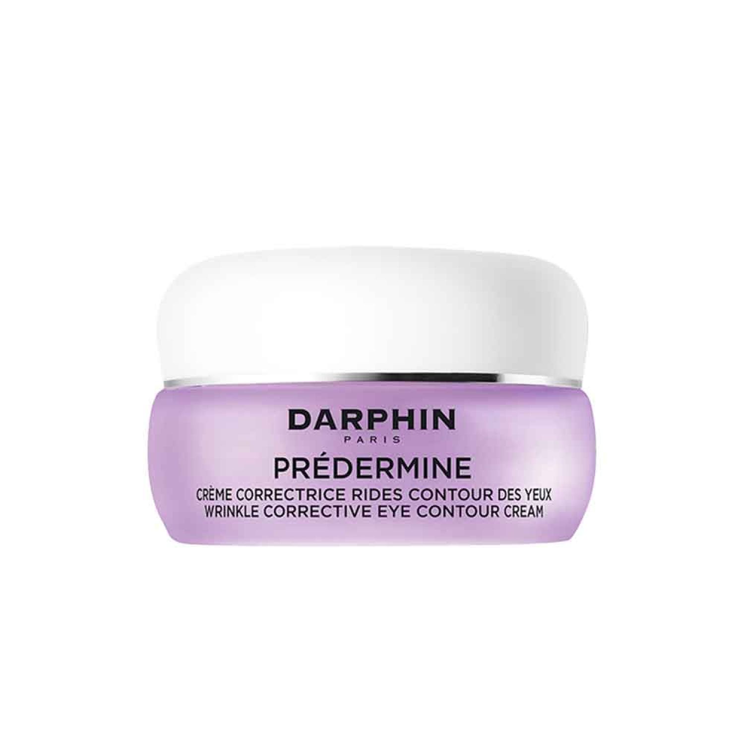 Cremebehälter mit weißem Deckel und lila Körper. Aufschrift: Darphin, Préderrmine, Crème Correctrice Rides Contour des Yeux, Wrinkle Corrective Eye Contour Cream.
