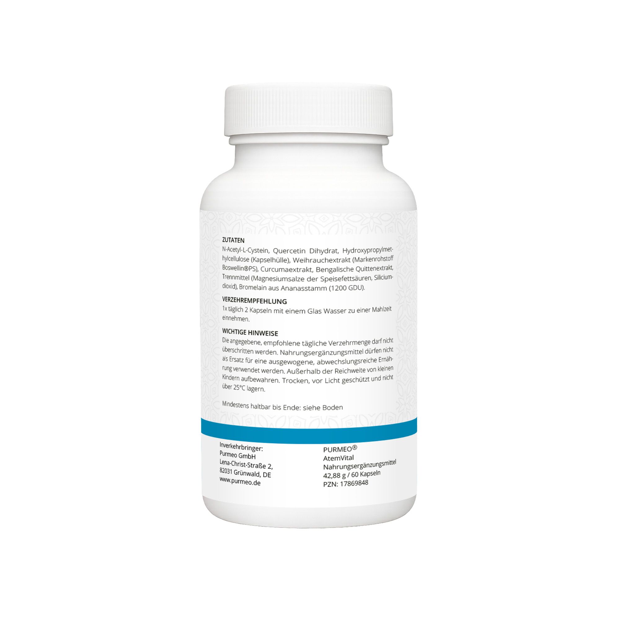 PURMEO AtemVital  - mit 20 mg Boswellin®PS Boswellinsäure, NAC, Quercetin & Bromelain