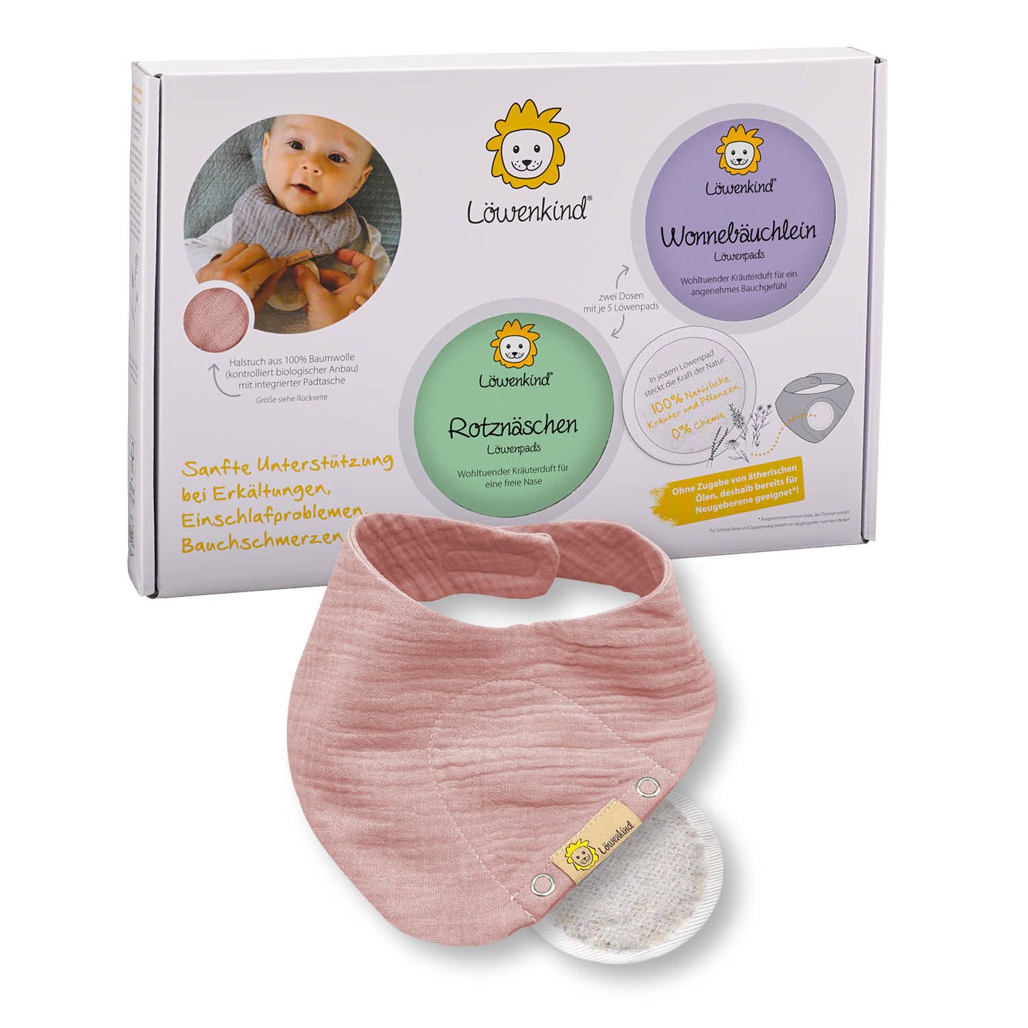 Rosa Halstuch und Wattepads. Auf der Verpackung: Logo und Produktnamen. Sanfte Unterstützung bei Erkältungen, Einschlafproblemen, Bauchschmerzen.