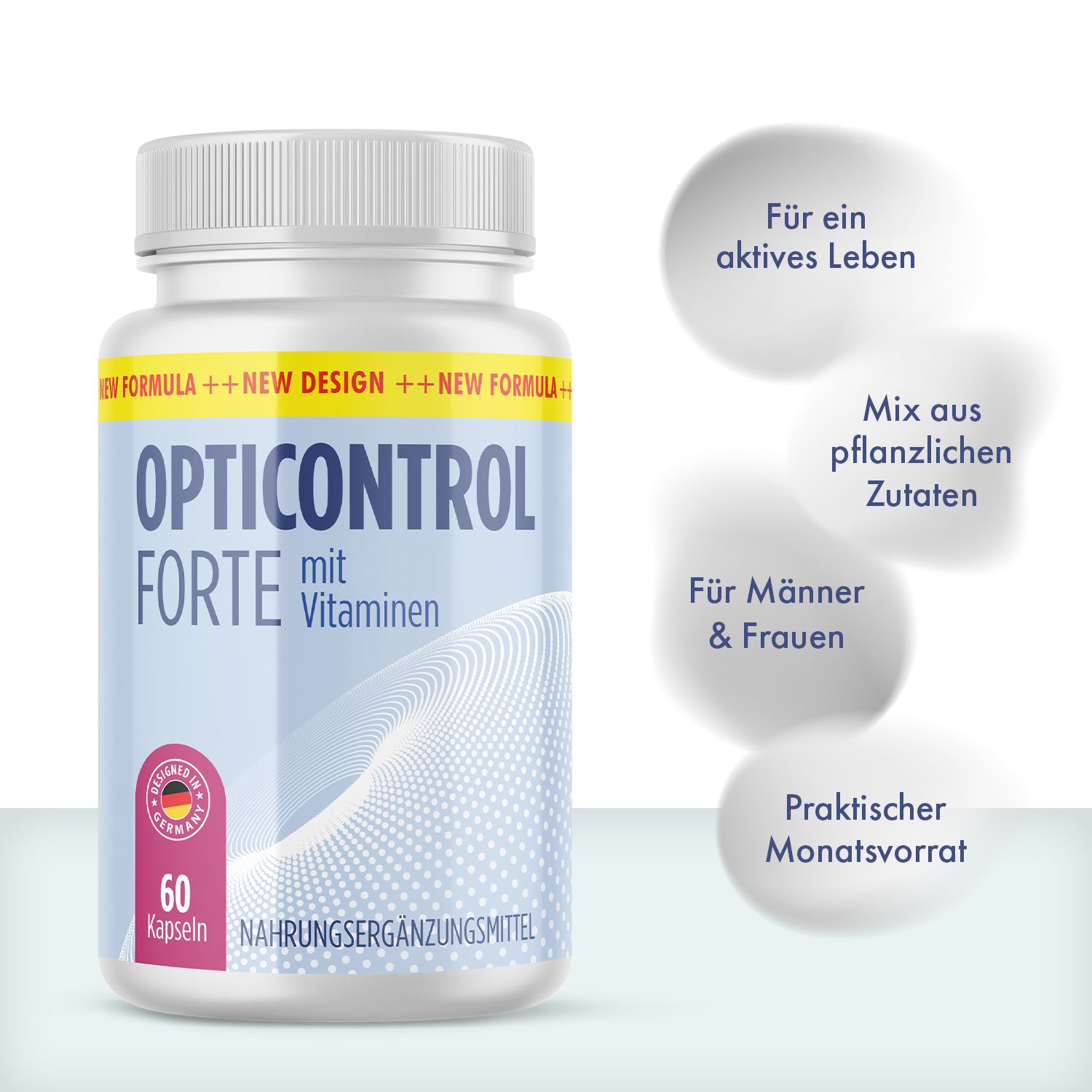 Weiße Flasche Opticontrol Forte mit Vitaminen. Text: Für ein aktives Leben, Mix aus pflanzlichen Zutaten, Für Männer & Frauen, Praktischer Monatsvorrat.