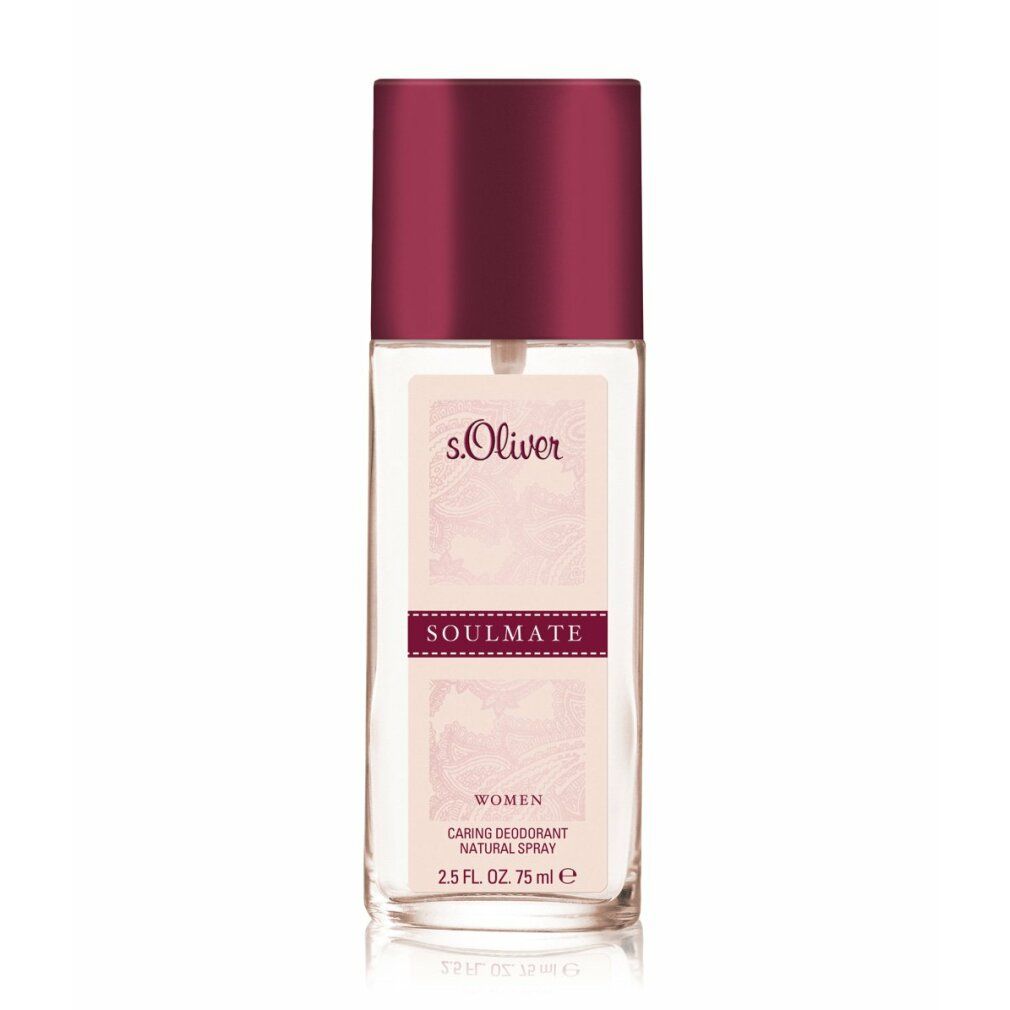 Deo-Sprayflasche mit bordeauxfarbenem Deckel. Aufschrift: s.Oliver, Soulmate, Women, Caring Deodorant Natural Spray.