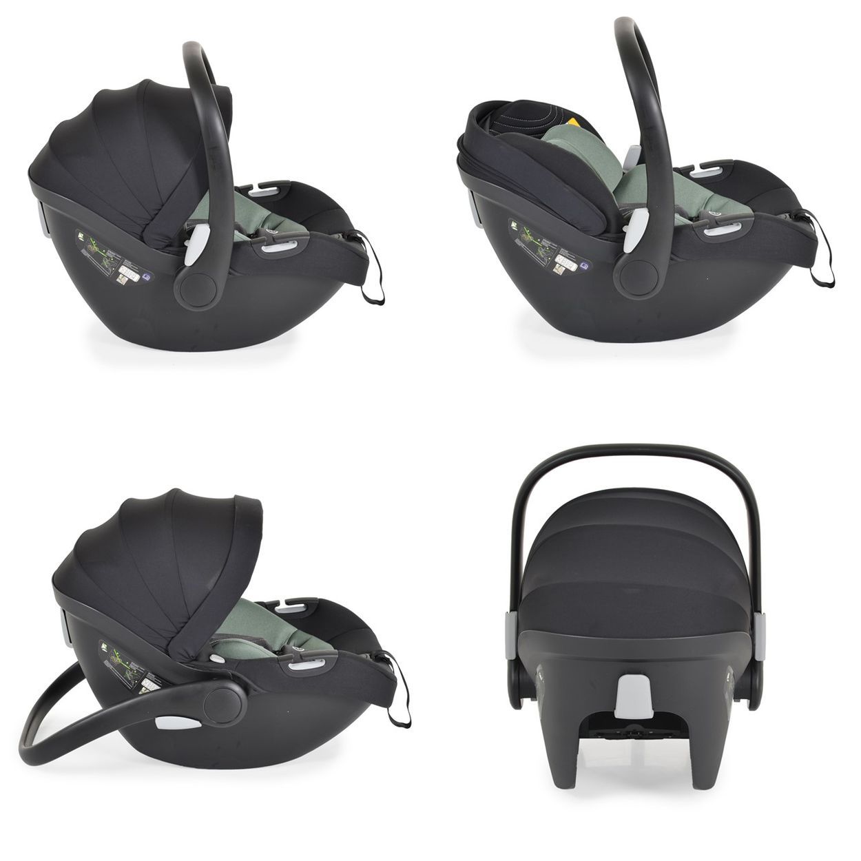 Babyschale mit verstellbarem Griff und Verdeck, grauer Stoffbezug.