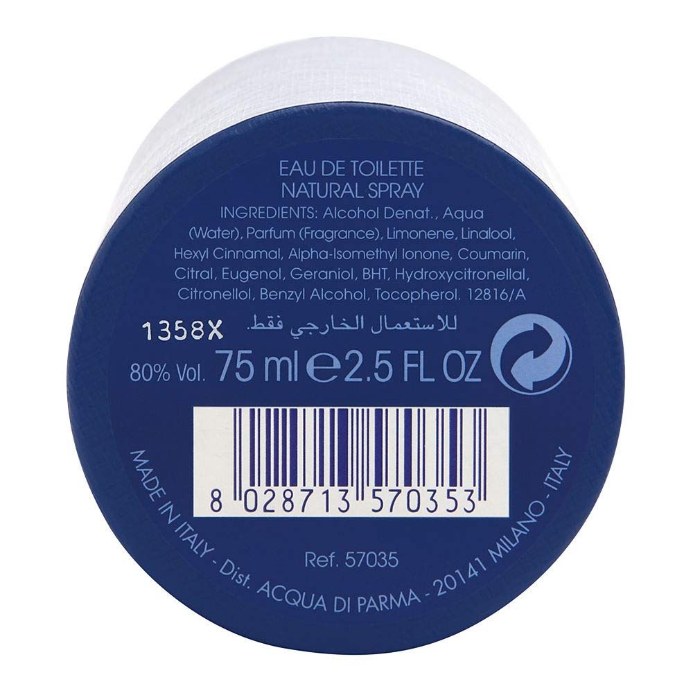 Runder, blauer Flaschendeckel mit Text und Barcode. Aufschrift: Eau de Toilette, Inhaltsstoffe, 75 ml.