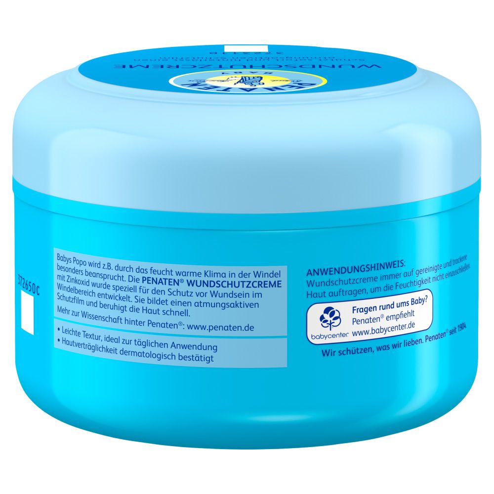 Rückseite eines hellblauen Tiegels. Text: Anwendungshinweis, Babycenter. Logo: Penaten. Text: Wir schützen, was wir lieben.