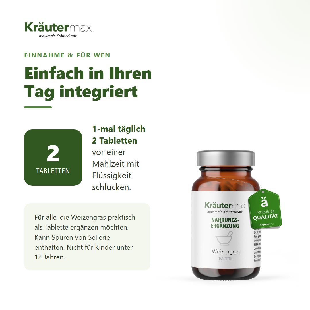 Informationen zur Einnahme von Kräutermax Weizengras Tabletten. Flasche mit "Premium Qualität" Siegel.