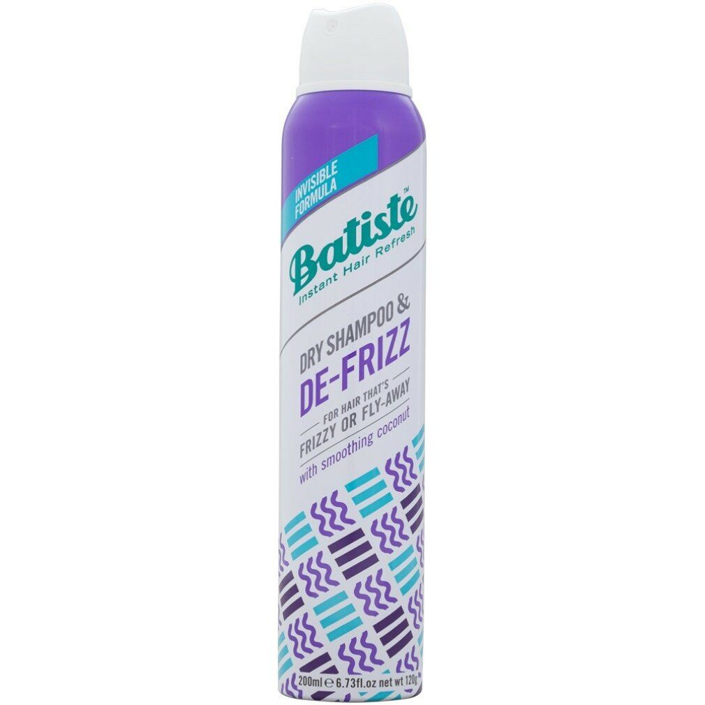 Batiste Trockenshampoo De-Frizz. Lila Dose mit weißem Deckel. Text: Instant Hair Refresh, Dry Shampoo & De-Frizz.