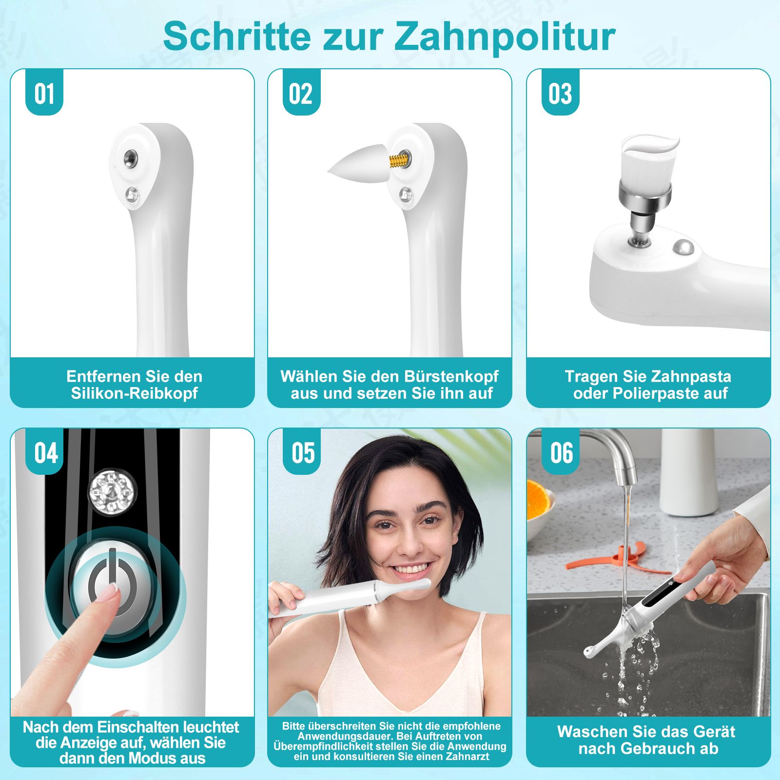 Schritte zur Zahnpolitur. 6 Schritte mit Bildern. Entfernen, wählen, auftragen, einschalten, putzen, waschen.