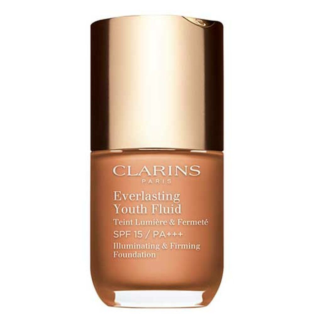 EVERLASTING YOUTH Fluid von Clarins. Braune Flasche mit goldenem Deckel. Text: Everlasting Youth Fluid, SPF 15/PA+++.