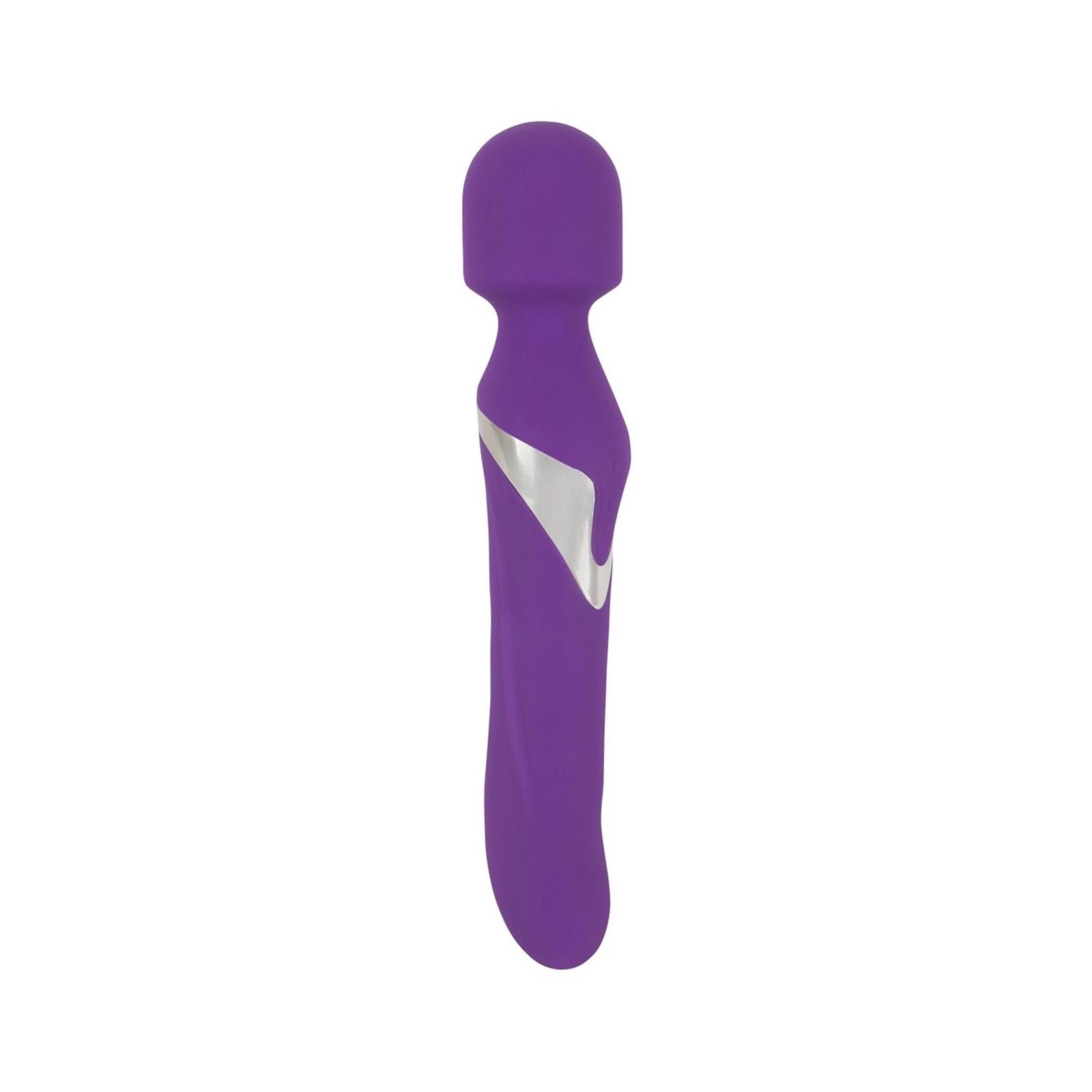 Lila Massagestab mit silberfarbenem Akzent. Ergonomische Form mit abgerundetem Kopf und gewelltem Griff.