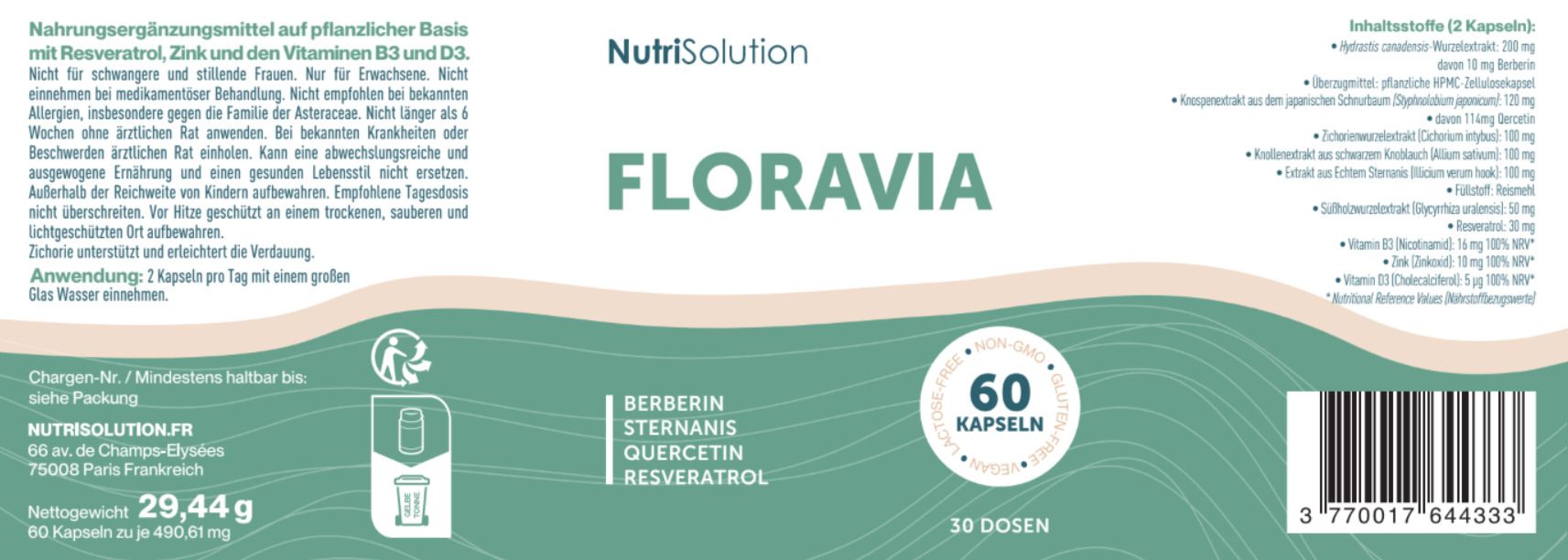 Produktetikett mit Inhaltsstoffen, Nährwertangaben, Herstellerinformationen. 60 Kapseln.
