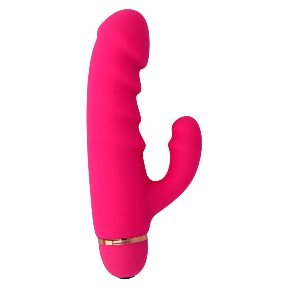 Pinkfarbener Vibrator mit gebogener Form. Er hat eine längliche Form mit geriffelter Oberfläche und einen gebogenen Teil.