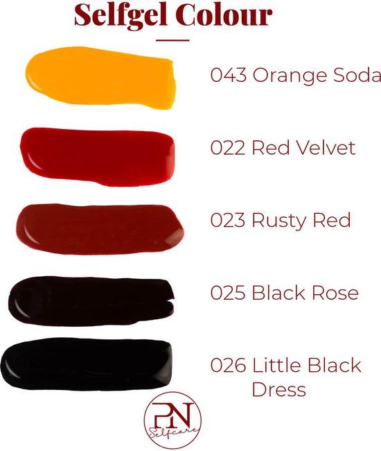 Farbpalette PN Selfgel Colour. Farben: Orange Soda, Red Velvet, Rusty Red, Black Rose, Little Black Dress. Logo PN Selfcare.