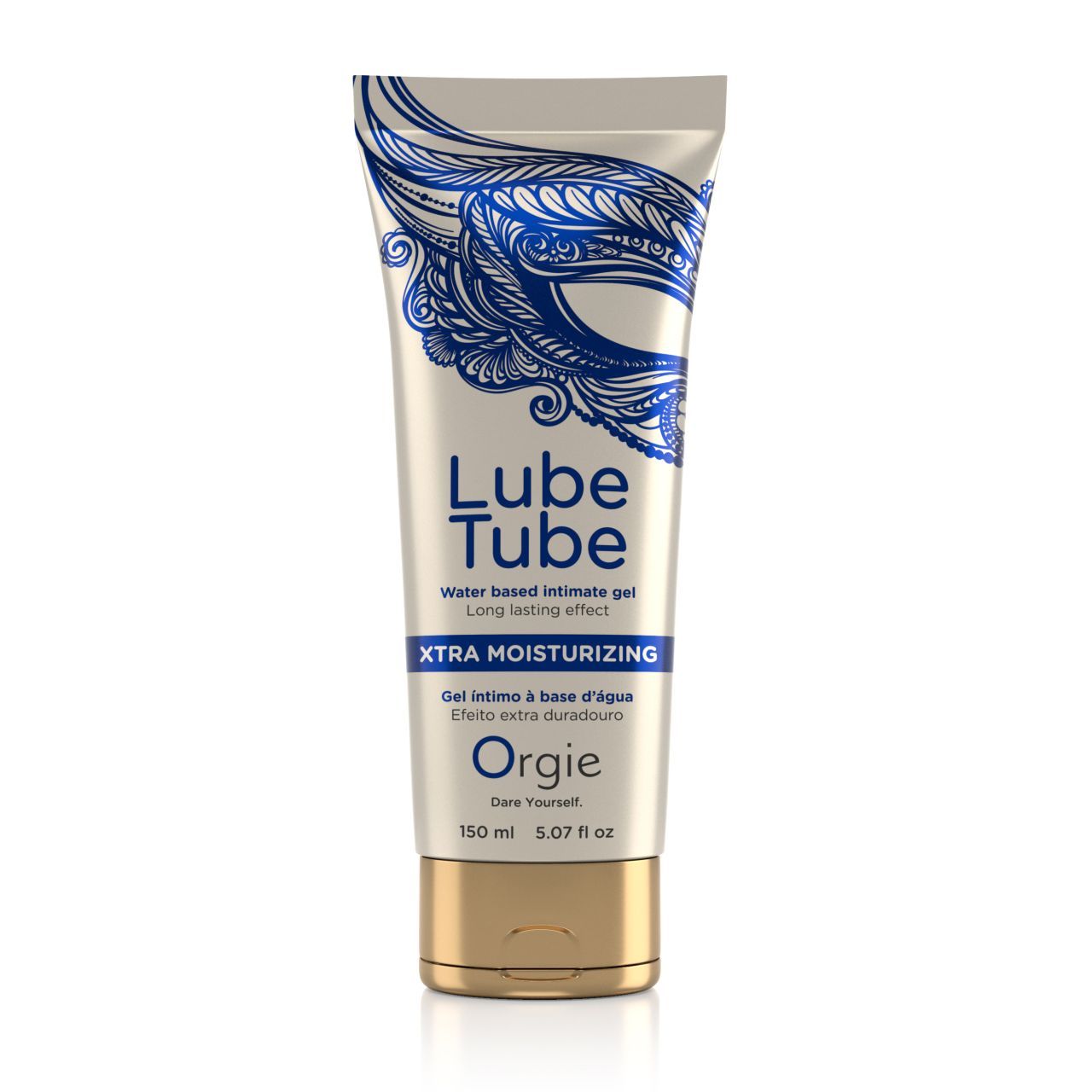 Tube mit Produktbezeichnung "Lube Tube". Text: "XTRA MOISTURIZING". Marke "Orgie". Goldfarbener Verschluss. Blaue Verzierungen.