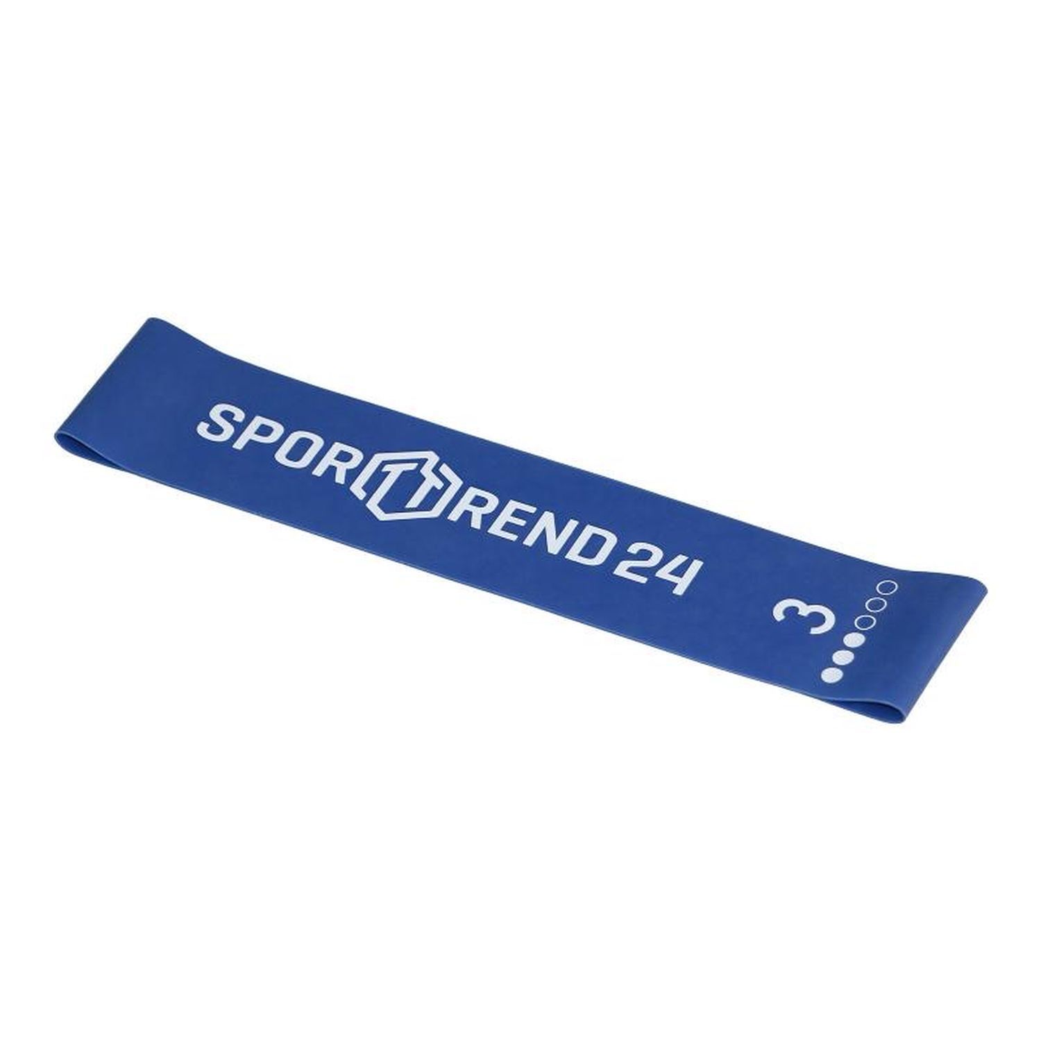 Blaues Mini-Band mit weißem Aufdruck. Aufgedruckt: SPORTTREND24, Zahl 3 und Punkte. Fitness-Zubehör.