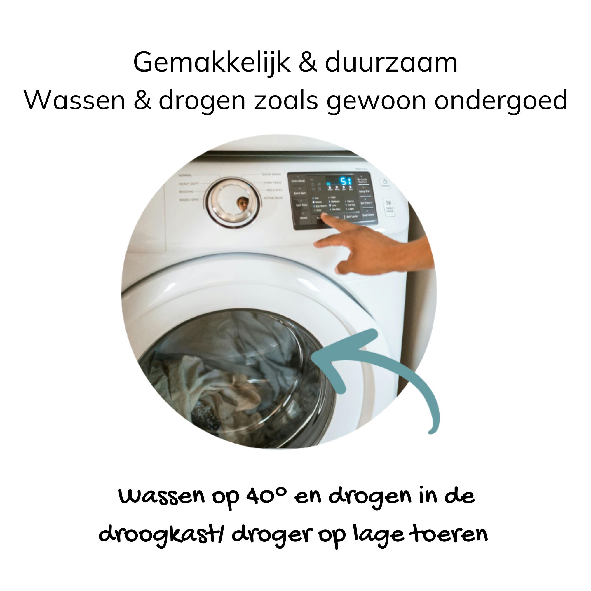Waschmaschine mit Wäsche, Hinweis zum Waschen und Trocknen bei niedriger Temperatur.